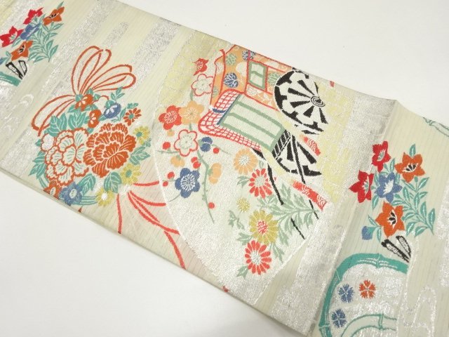 JAPANESE KIMONO / ANTIQUE RO MARU OBI / WOVEN- GOSHOGURUMA / HANA-YAKU